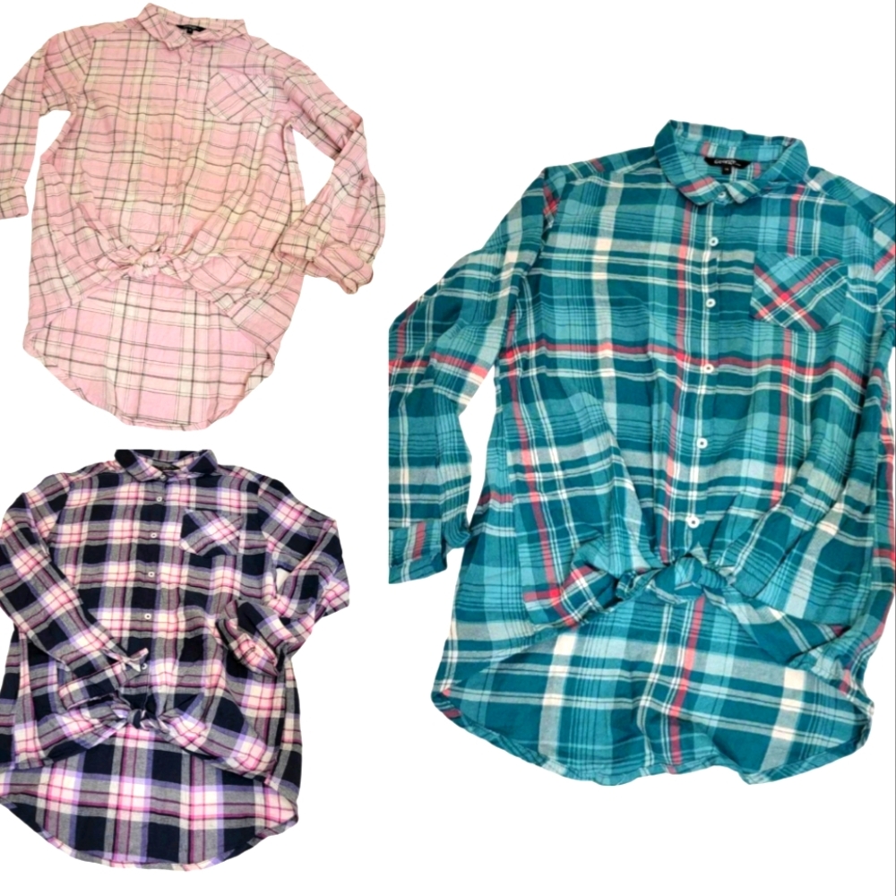 🔥THREE🔥Size 16 Teen Girl Flannel 3/4 Sleeve Spring Shirts 👕